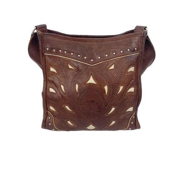 Handcrafted Brown White  Hand Tooled Leather Shoulder Bag Vintage - Picture 8 of 14